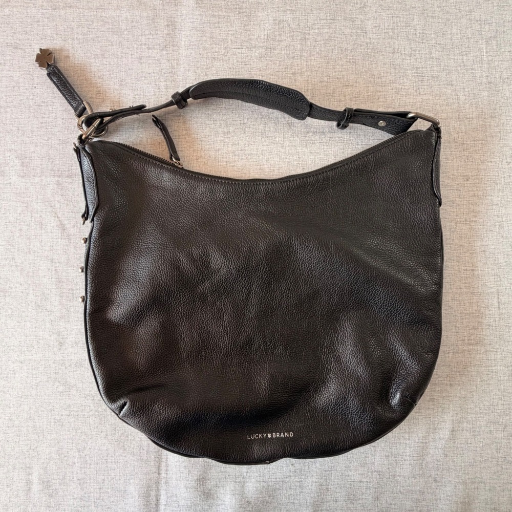 Lucky Brand Black Pebbled Leather Studded Hobo Shoulder Bag Silver Hardware